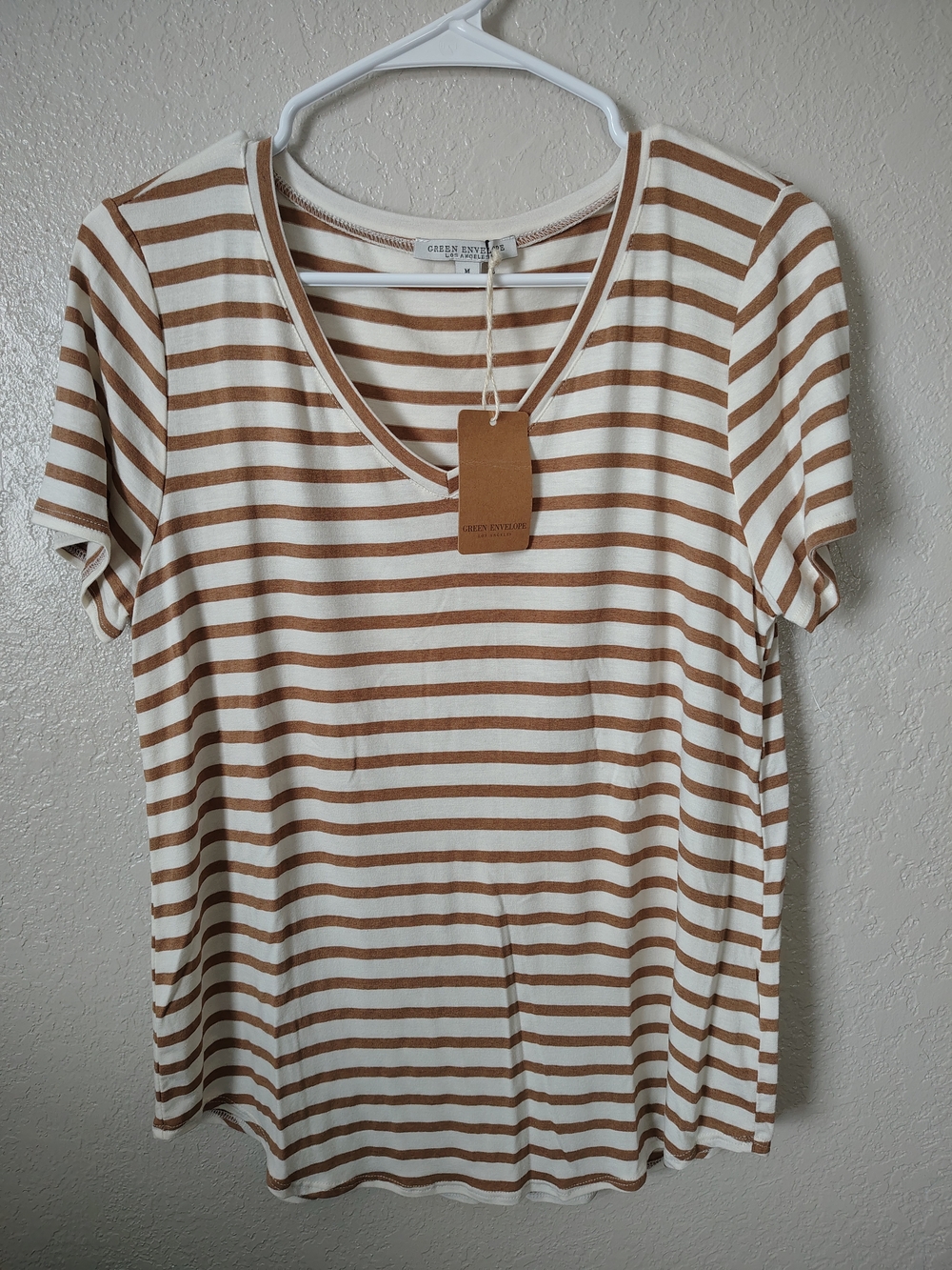 Green Envelope Cream and Brown Striped V‑Neck Short Sleeve Tee